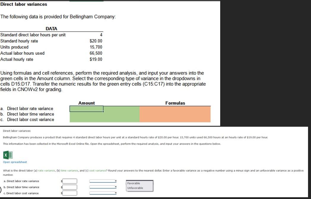 PLEASE INCLUDE CLEAN EXCEL FORMULAS Direct labor variances The following data is