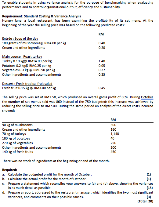  To enable students in using variance analysis for the purpose of
