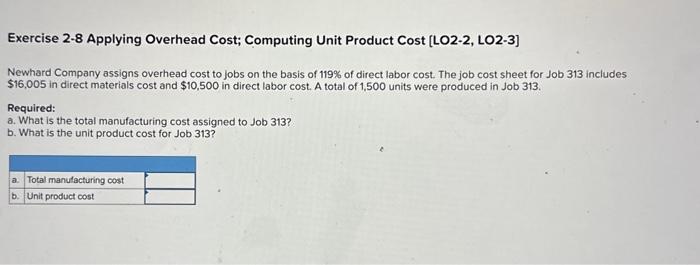  Exercise 2-8 Applying Overhead Cost; Computing Unit Product Cost [LO2-2, LO2-3]