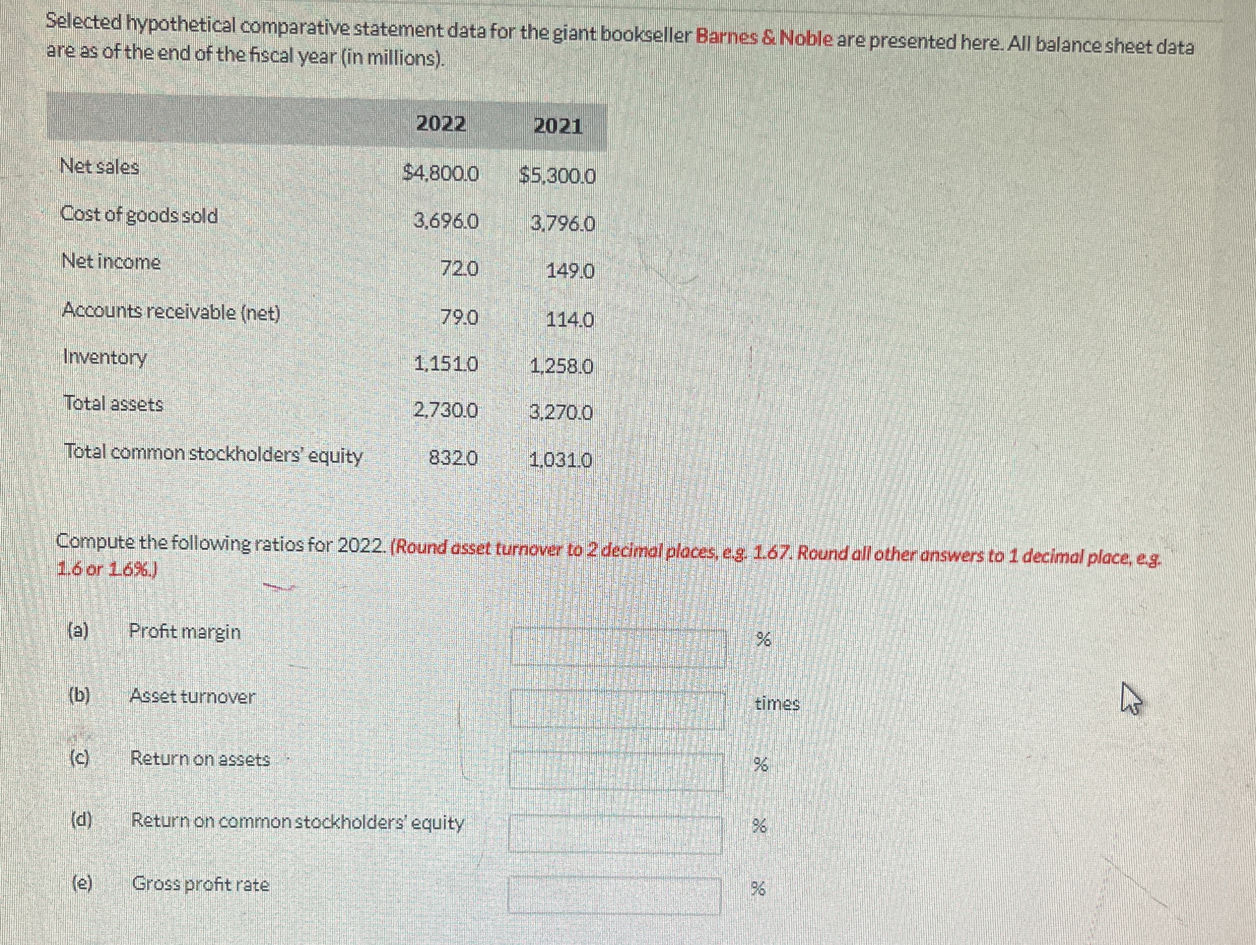  Selected hypothetical comparative statement data for the giant bookseller Barnes &