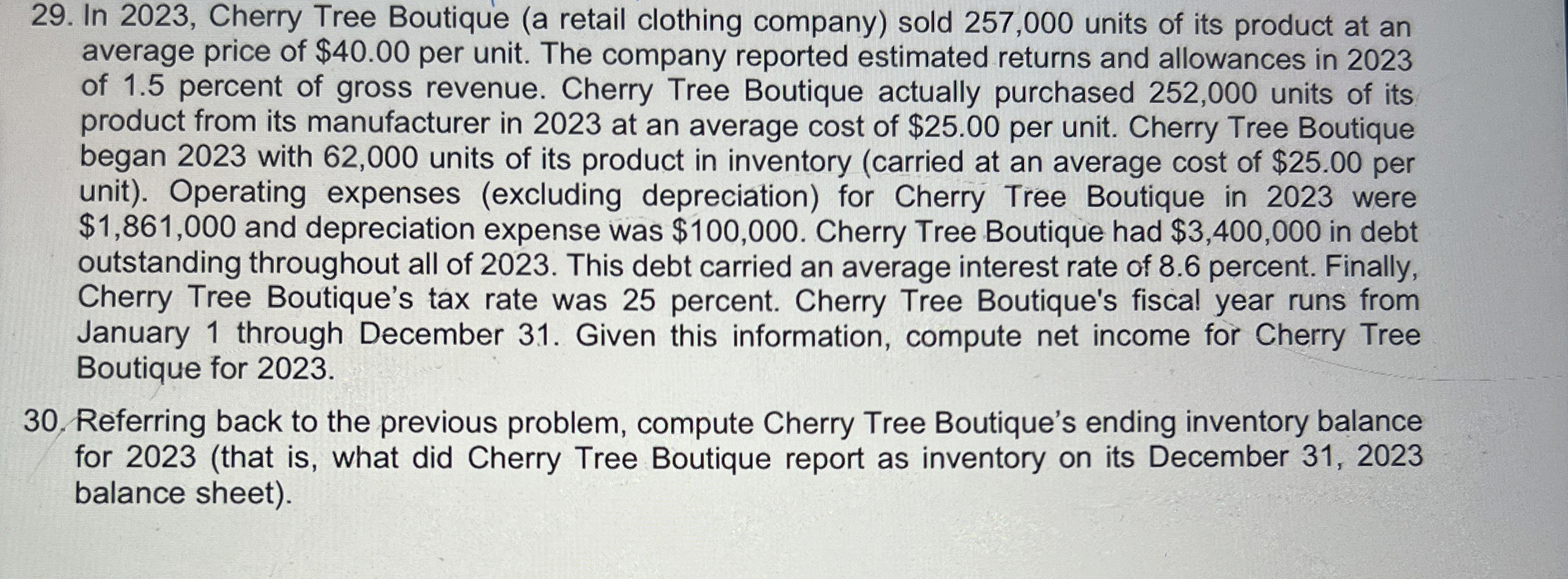  In 2023, Cherry Tree Boutique (a retail clothing company) sold 257,000