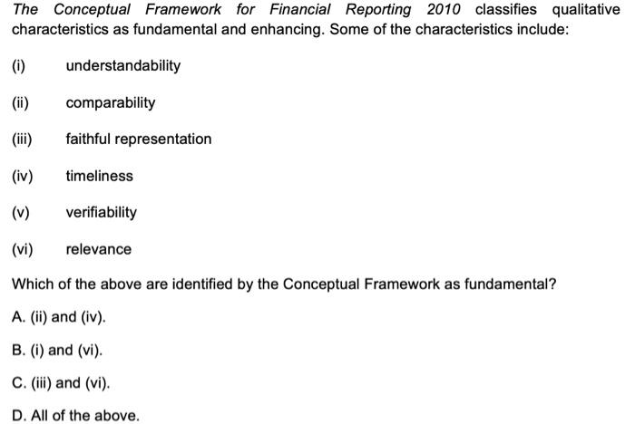  The Conceptual Framework for Financial Reporting 2010 classifies qualitative characteristics as