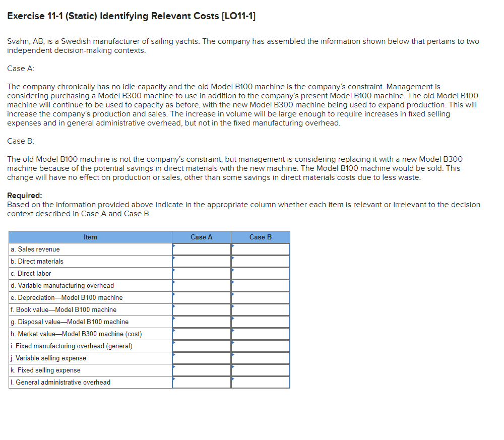 Exercise 11-1 (Static) Identifying Relevant Costs [LO11-1] Exercise 11-1 (Static) Identifying Relevant