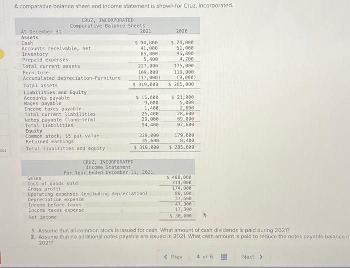  ces A comparative balance sheet and income statement is shown for