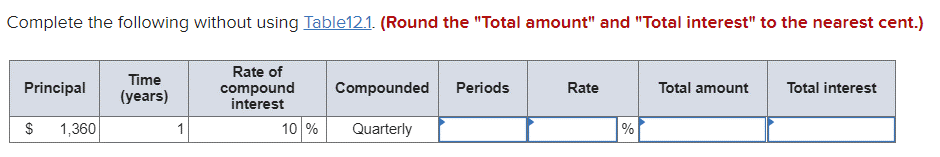 (Round your answers to the nearest cent.) Time Rate Amount Interest Principal