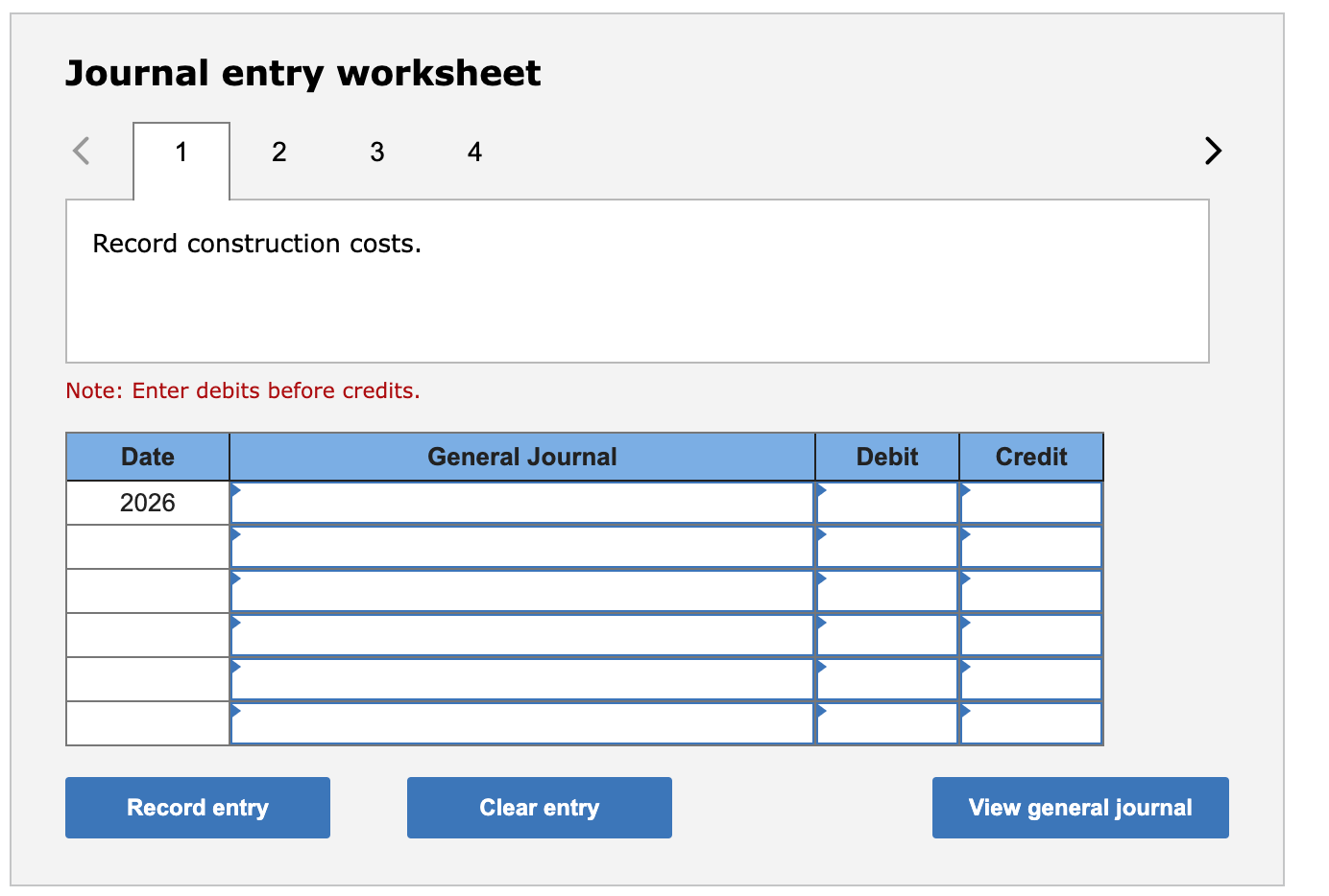 etc." for construction costs curred). -c. In the journal below, complete the