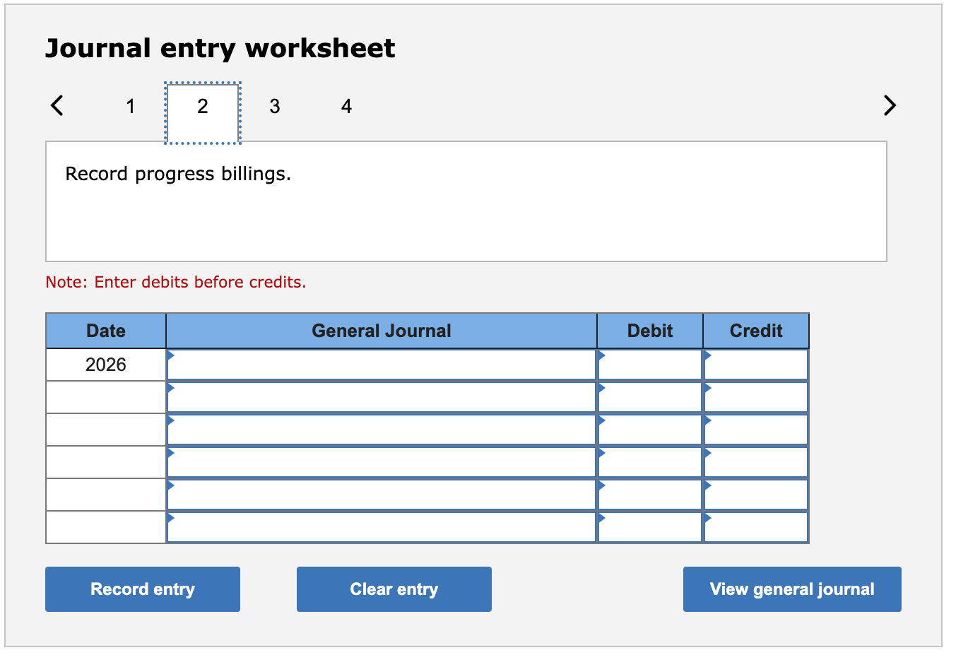 necessary journal entries for the year 2026 (credit "Cash, Materials, etc." for