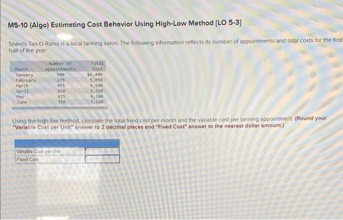 M5-10 (Algo) Estimating Cost Behavior Using High-Low Method [LO 5-3] M5-10 (Algo)