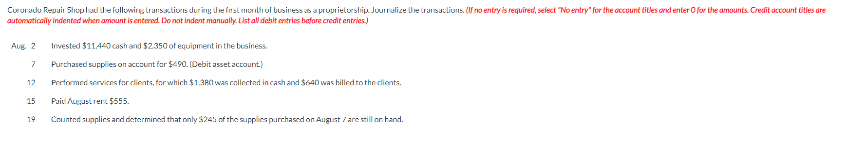  automatically indented when amount is entered. Do not indent manually. List