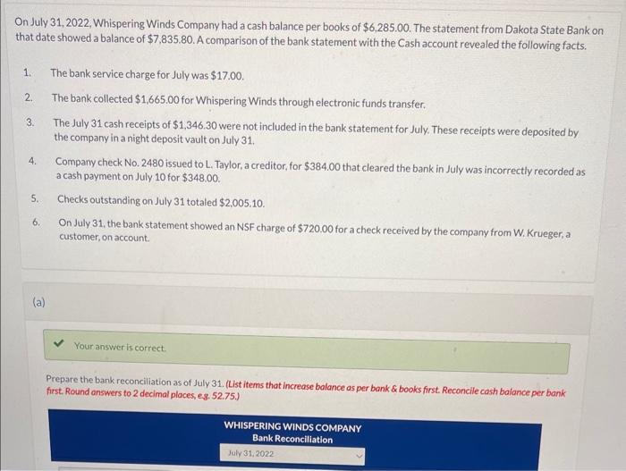  answer part B please. On July 31, 2022, Whispering Winds Company