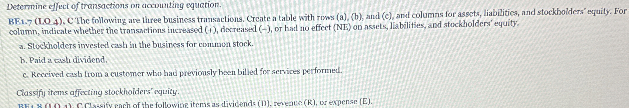  BE1.7(LO 4), C The following are three business transactions. Create a