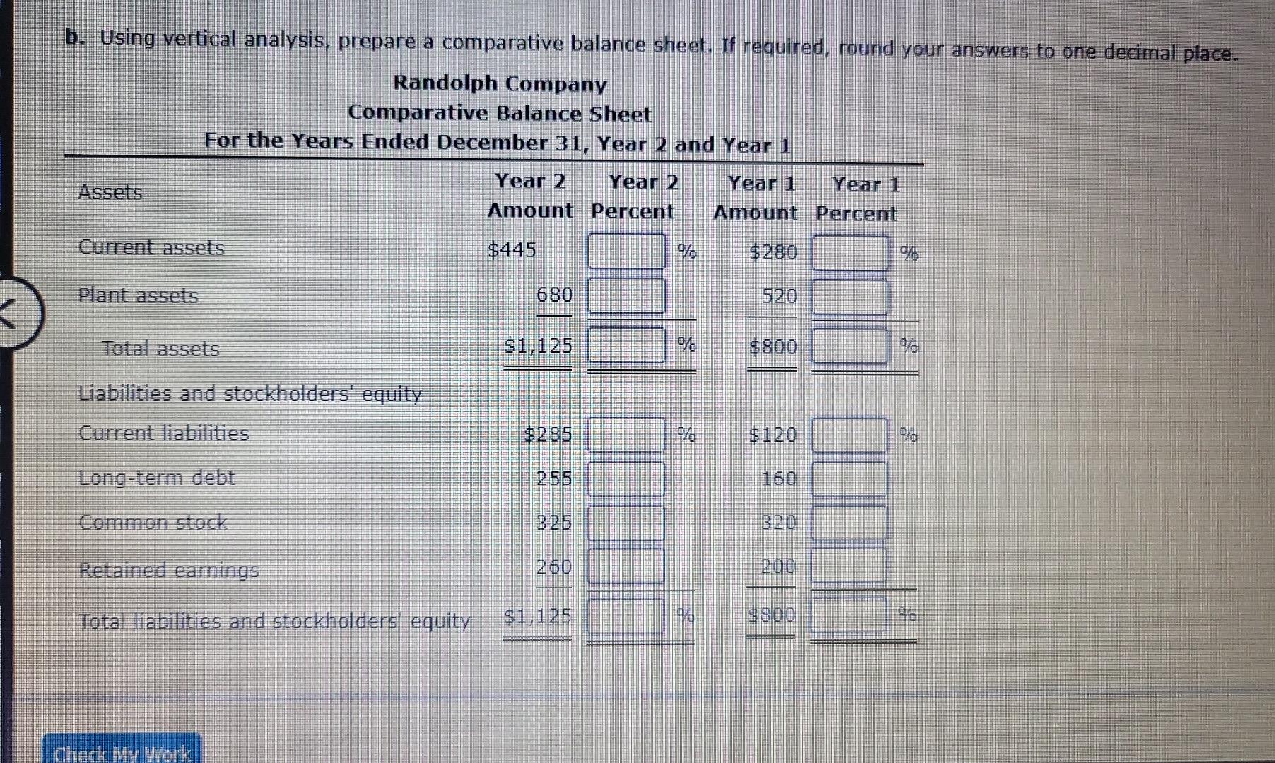 decimal place. Randolph Company Comparative Balance Sheet For the Years Ended December