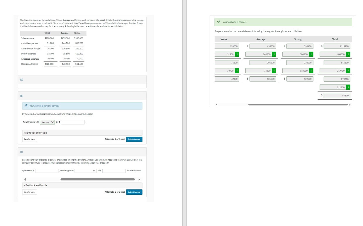  Sherldan, Inc. operates three divislons, Weak, Average, and Strong, As it