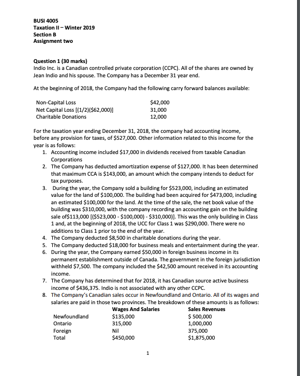  BUSI 4005 Taxation II-Winter 2019 Section B Assignment two Question 1