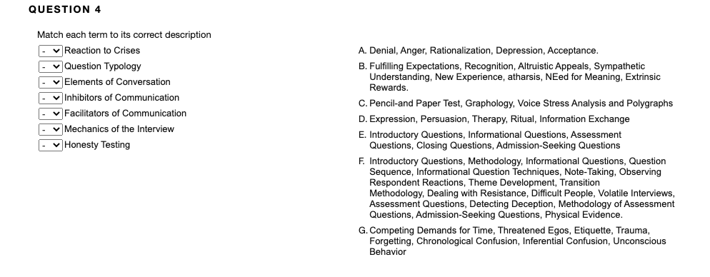  QUESTION 4 Match each term to its correct description Reaction to