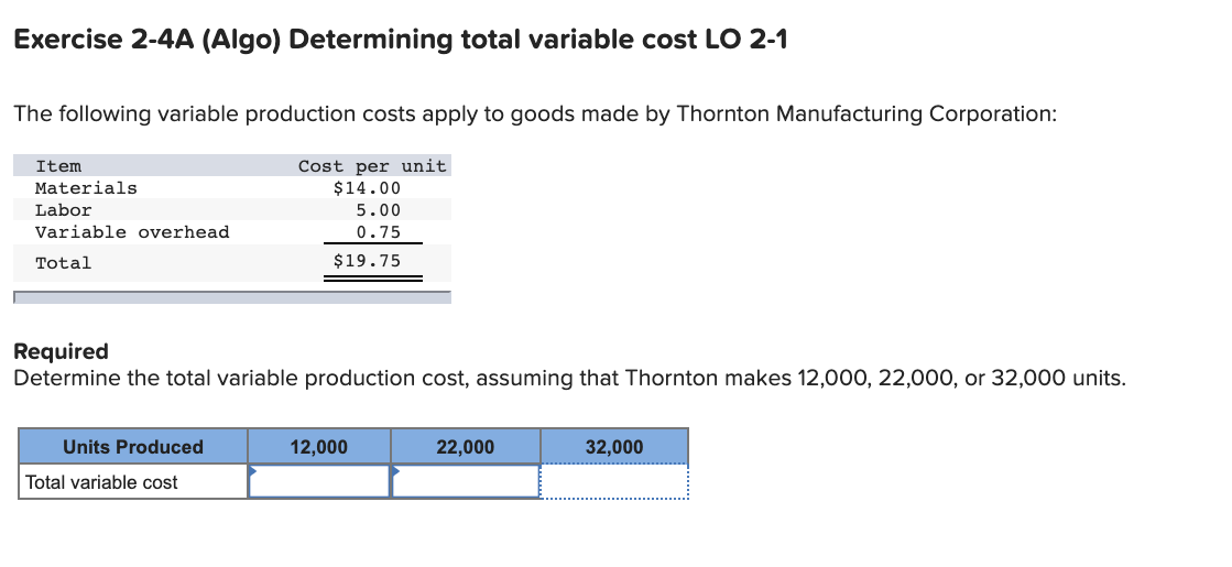 Exercise 2-4A (Algo) Determining total variable cost LO 2-1 The following