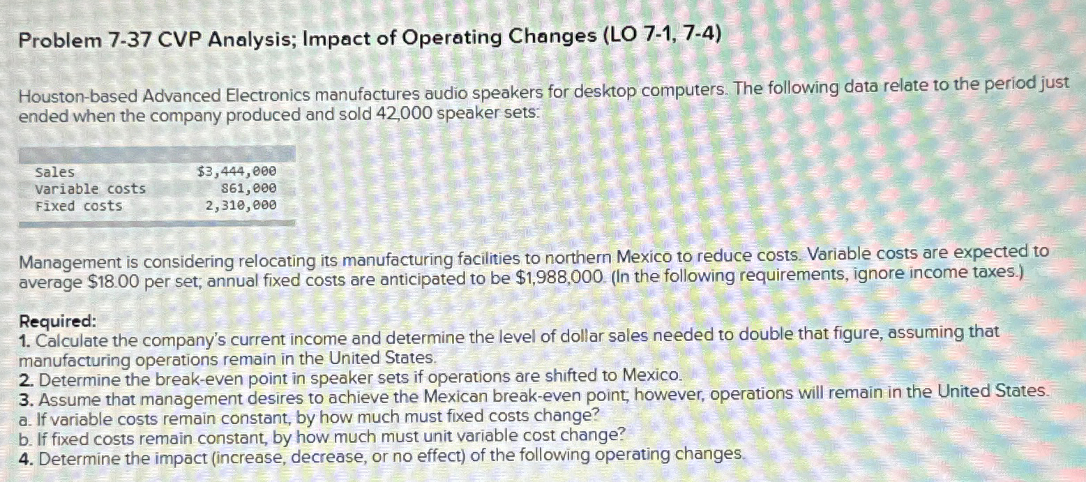  Problem 7-37 CVP Analysis; Impact of Operating Changes (LO 7-1,7-4) Houston-based
