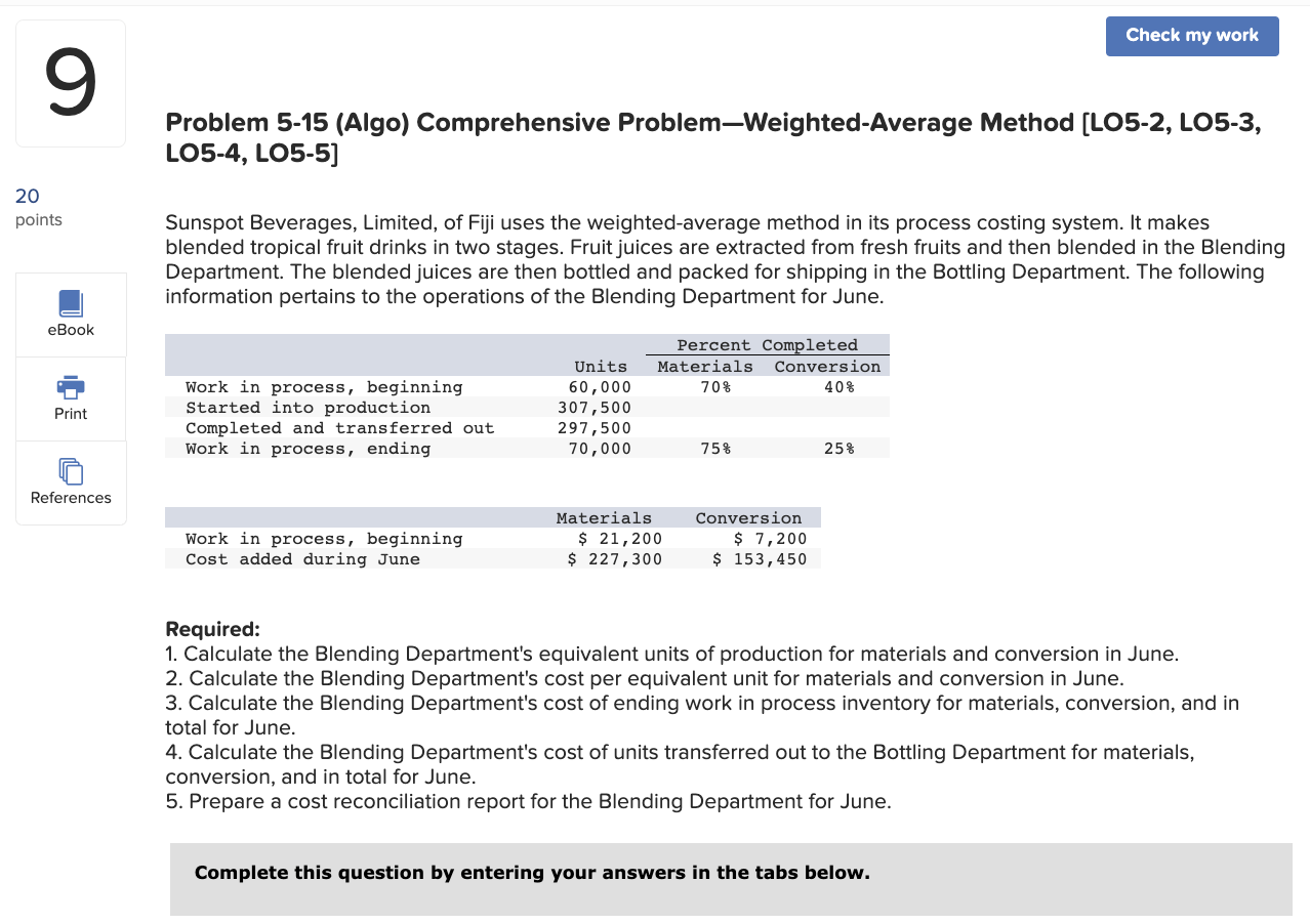  Problem 5-15 (Algo) Comprehensive Problem-Weighted-Average Method [LO5-2, LO5-3, LO5-4, LO5-5] Sunspot