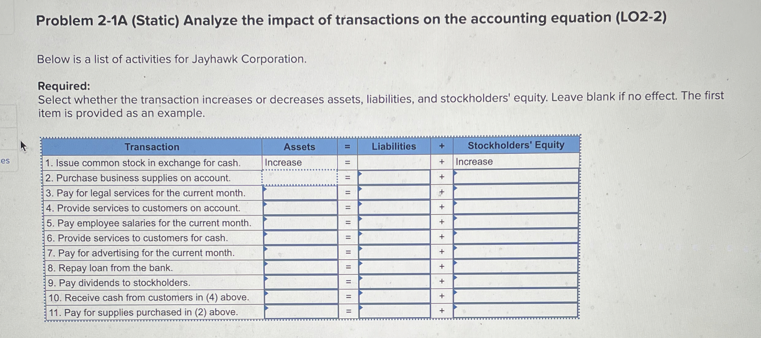  Problem 2-1A (Static) Analyze the impact of transactions on the accounting