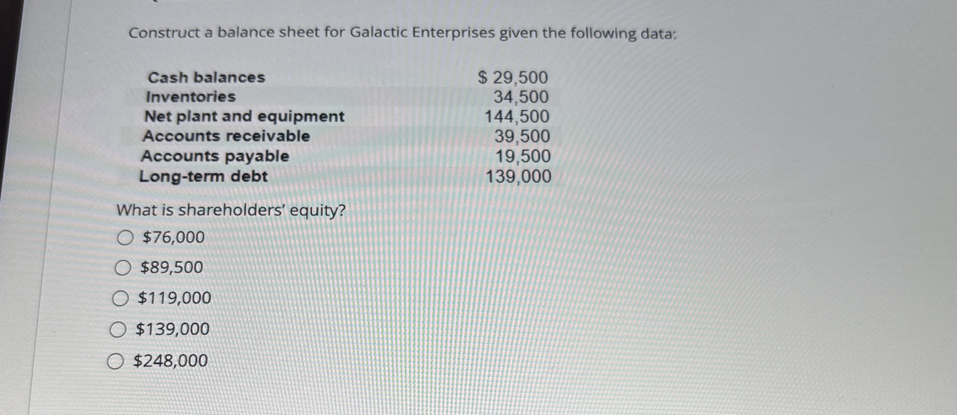  Construct a balance sheet for Galactic Enterprises given the following data: