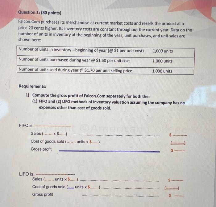  Question 1: (80 points) Falcon.Com purchases its merchandise at current market