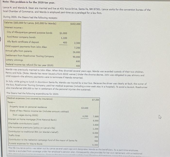  Note: This problem is for the 2020 tax year. Lance H.