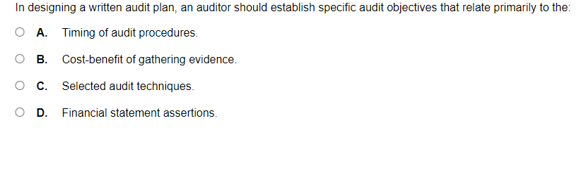 In designing a written audit plan, an auditor should establish specific