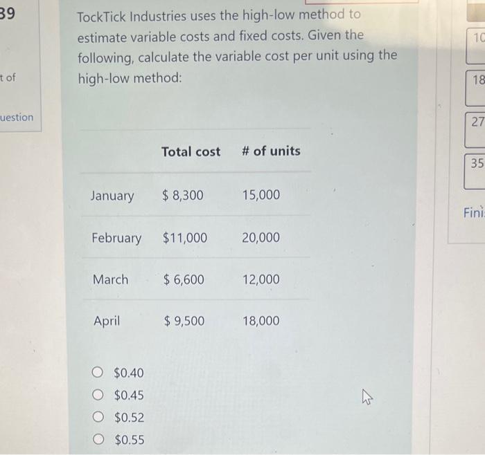  TockTick Industries uses the high-low method to estimate variable costs and