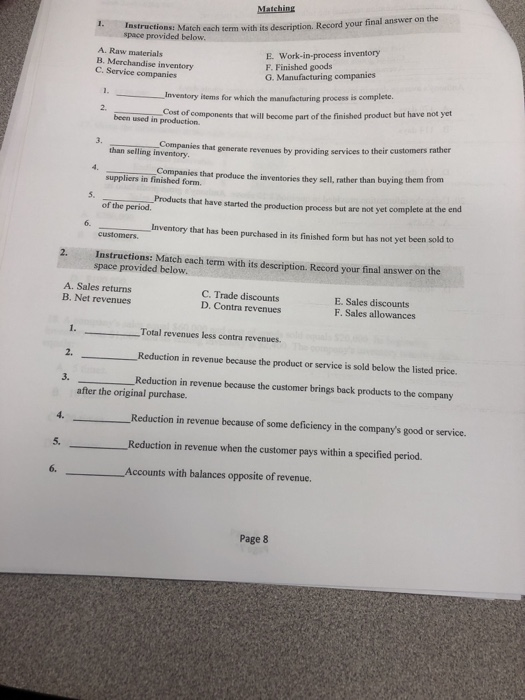  Matching astructions: Match each term with its description Record your final