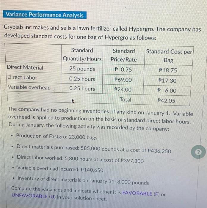  With complete solution please Variance Performance Analysis Cryolab Inc makes and