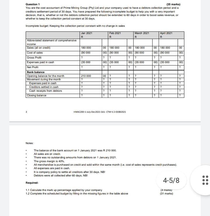 Old MathJax webview Question 1 (35 marks) You are the cost accountant