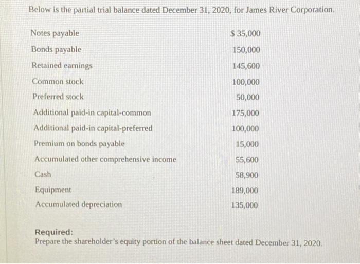  Below is the partial trial balance dated December 31, 2020, for