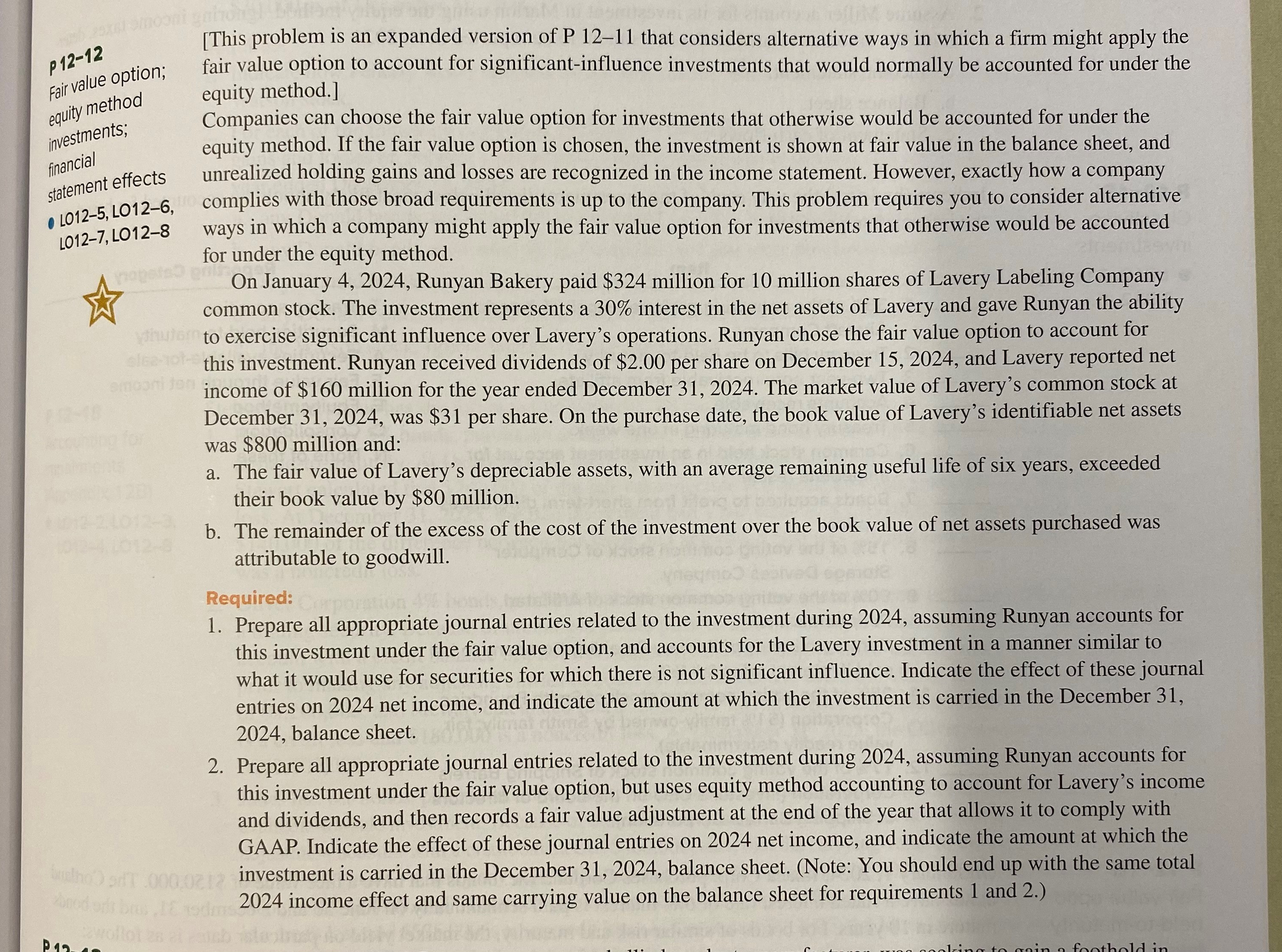  p12-12 Fairvalue option; equity method investments; frnancial statement effects L012-5, L012-6,