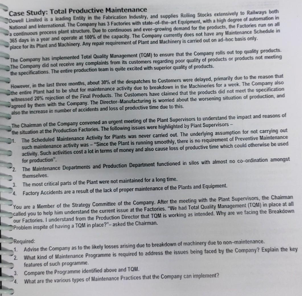  make project report on all Case Study: Total Productive Maintenance Dowell