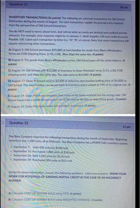  please help Question 21 26 pts INVENTORY TRANSACTIONS (26 points: The