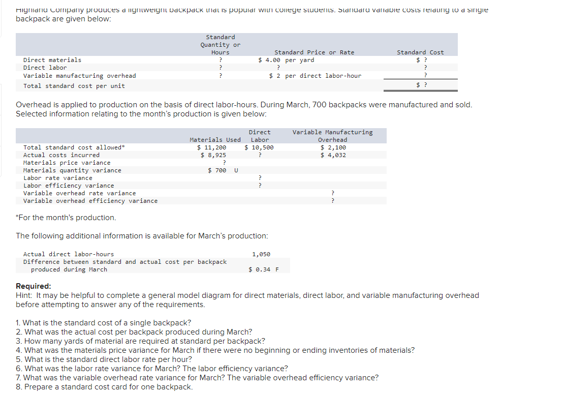  backpack are given below: Overhead is applied to production on the