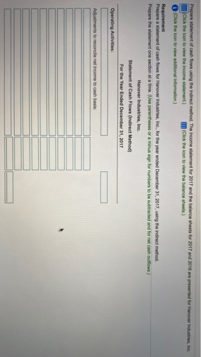  Prepare statement of cash flows using the Indirect method. The income