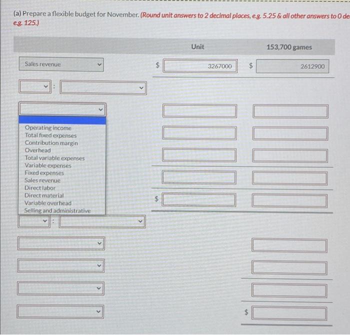 Entertainment Corporation prepared a master budget for the month of November that