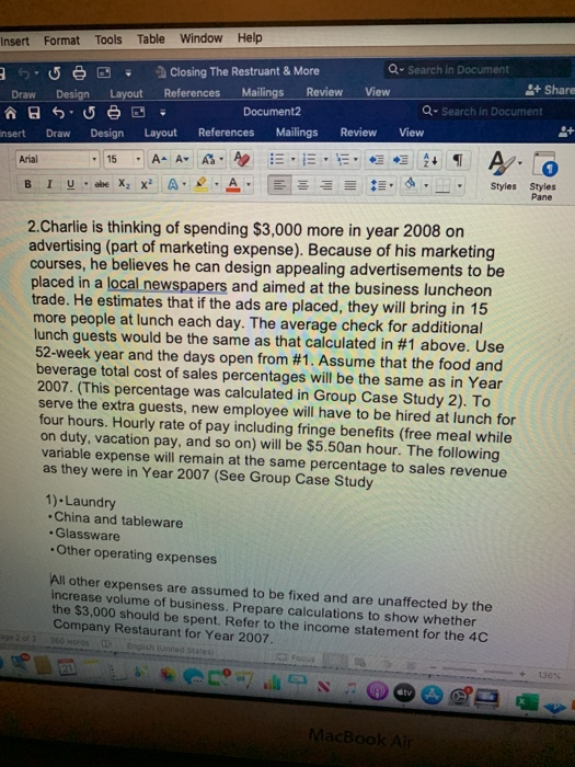  Insert Format Tools Table Window Help Draw Insert Closing The Restruant