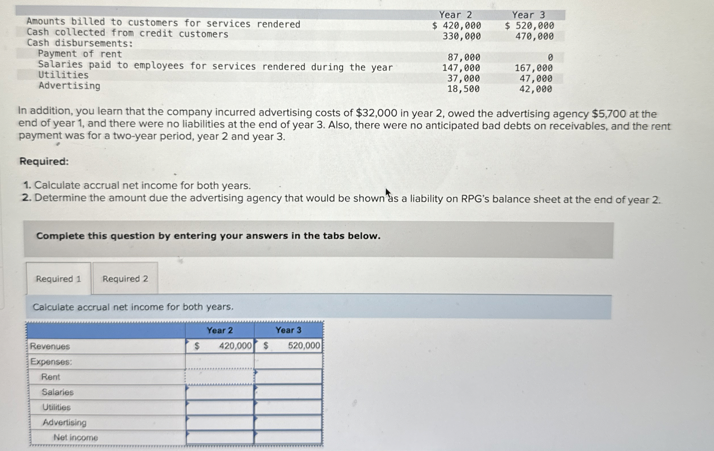  \table[[Amounts billed to customers for services rendered,Year 2,Year 3],[Cash collected from