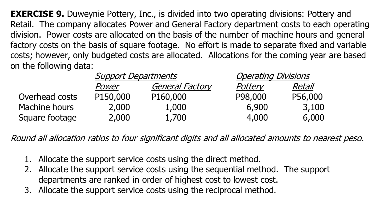  EXERCISE 9. Duweynie Pottery, Inc., is divided into two operating divisions: