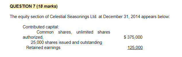 Help!!!! QUESTION 7 (18 marks) The equity section of Celestial Seasonings Ltd.