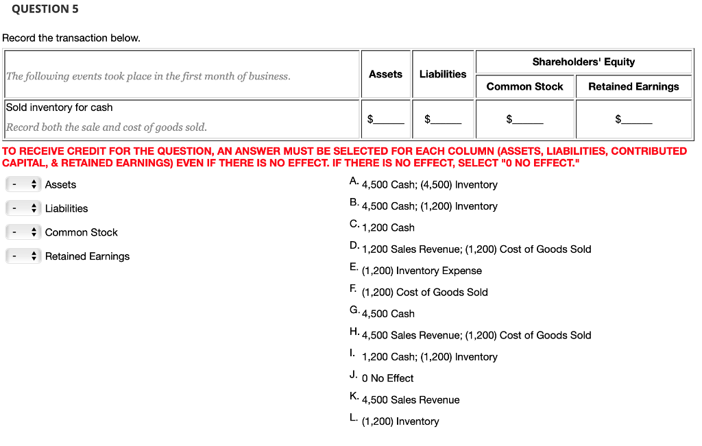  QUESTION 5 Record the transaction below Shareholders' Equity Assets Liabilities The