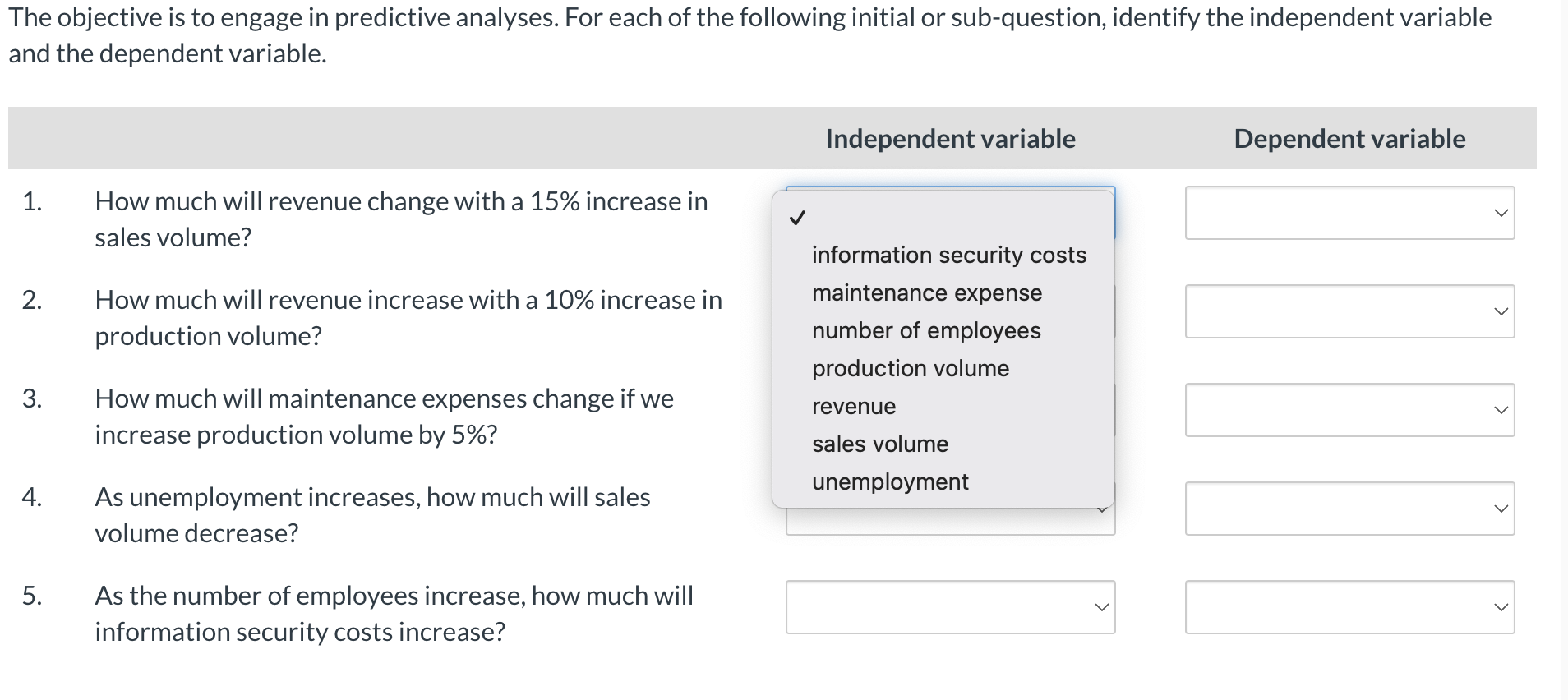  The objective is to engage in predictive analyses. For each of