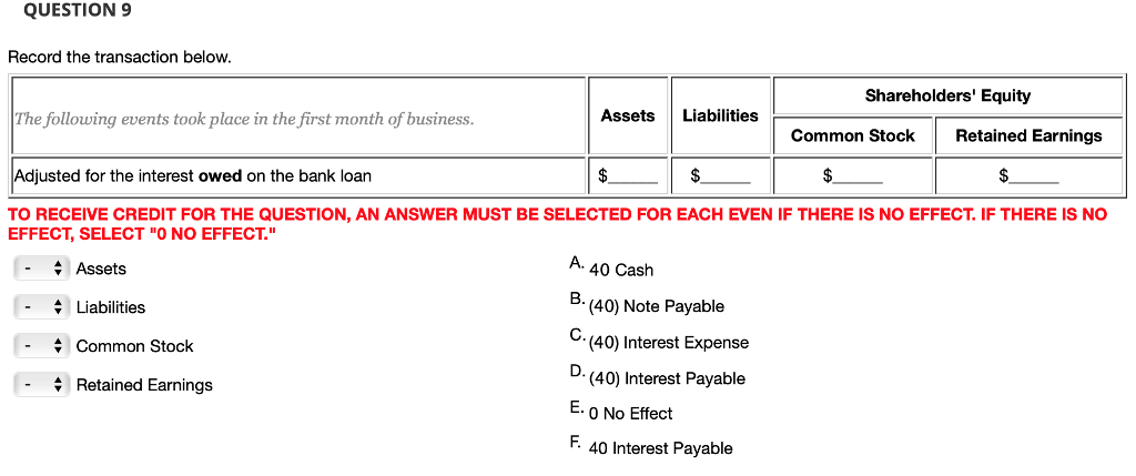  QUESTION 9 Record the transaction below. Shareholders' Equity Assets Liabilities The
