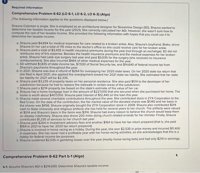 Can I get the answer Required information Comprehensive Problem 6-62 (LO 6-1,