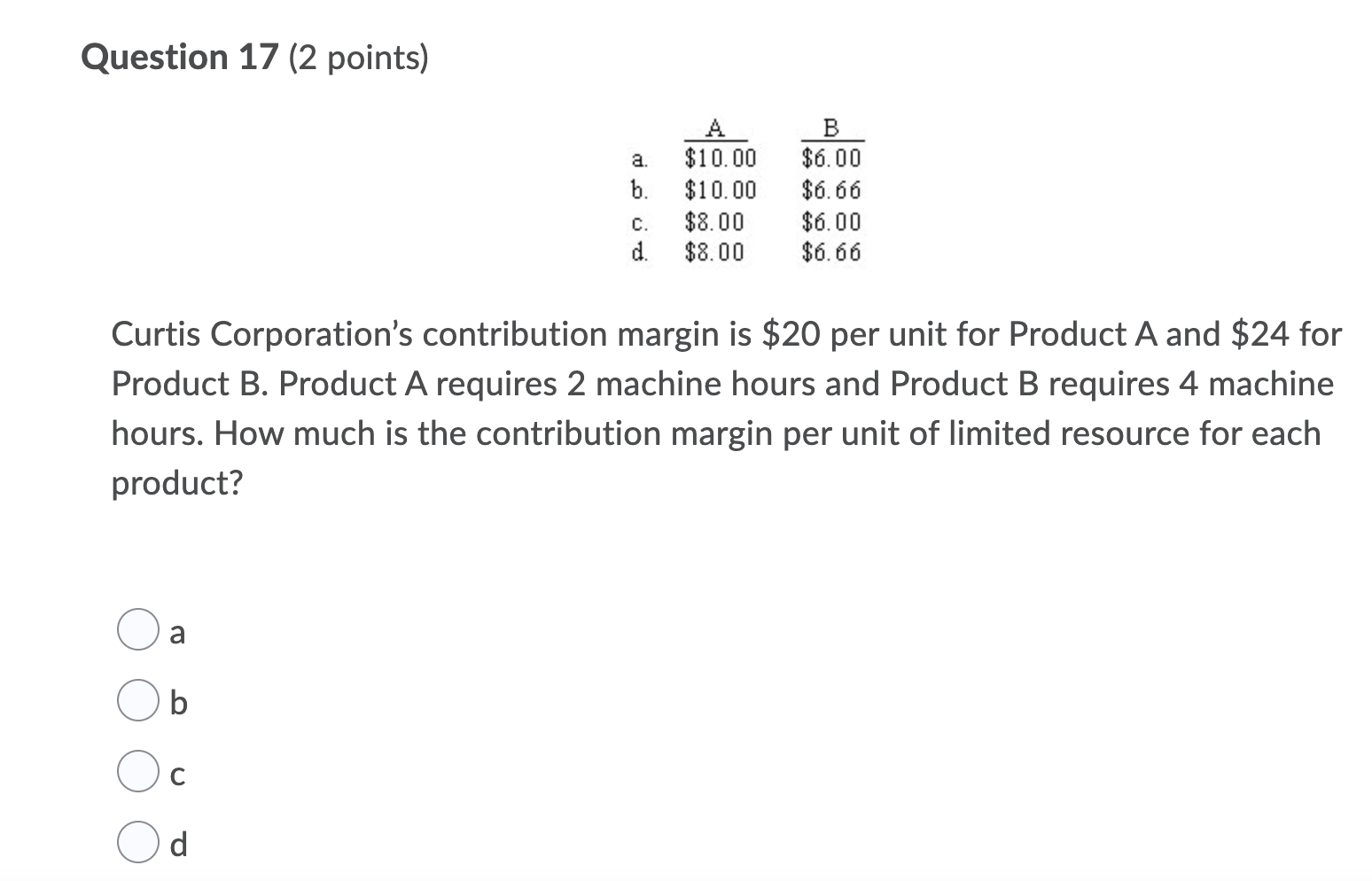 Curtis Corporations contribution margin is $20 per unit for Product A and