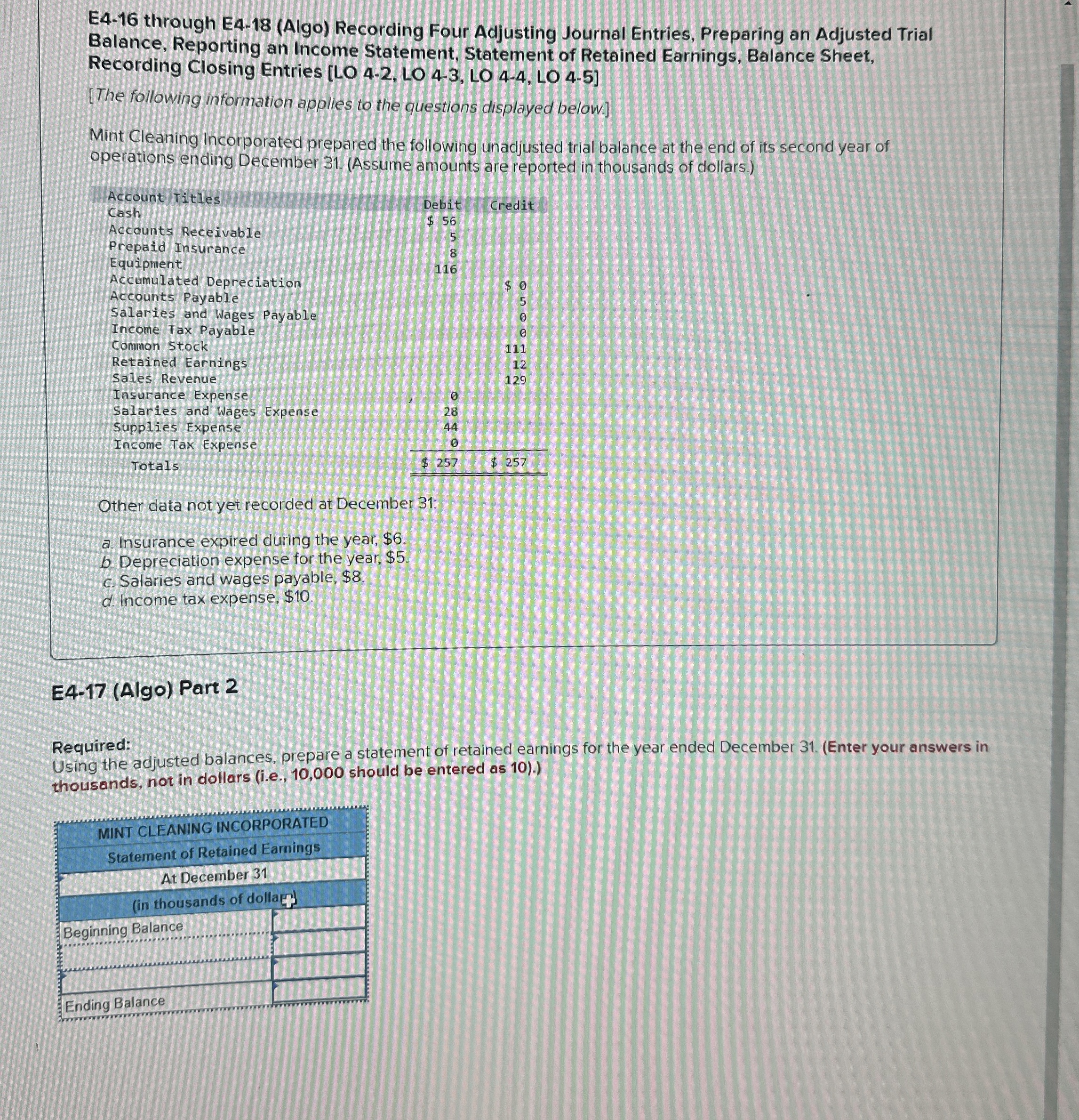  E4-16 through E4-18(Algo) Recording Four Adjusting Journal Entries, Preparing an Adjusted