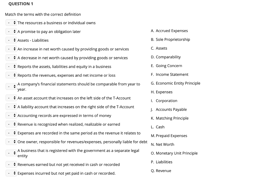 Question 1:) QUESTION 1 Match the terms with the correct definition The