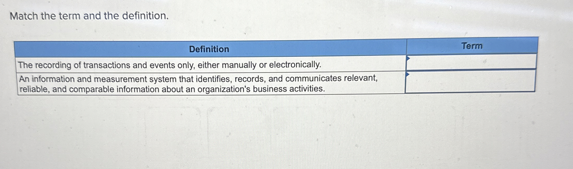  Match the term and the definition. \table[[Definition,Term],[The recording of transactions and